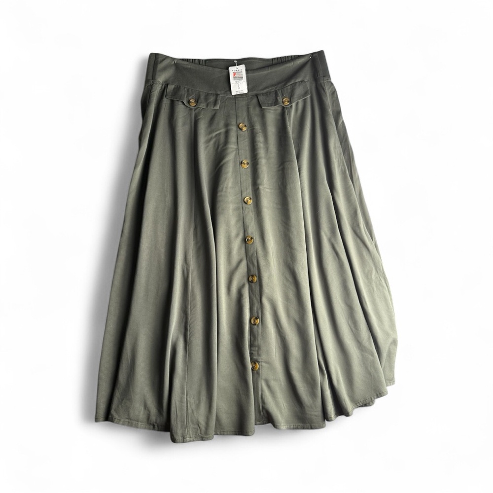 Torrid Office Siren Challis High Waist Olive Button-Front Midi Skirt Plus SZ 0